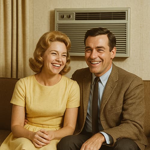 Happy couple sitting in front of their air conditioner