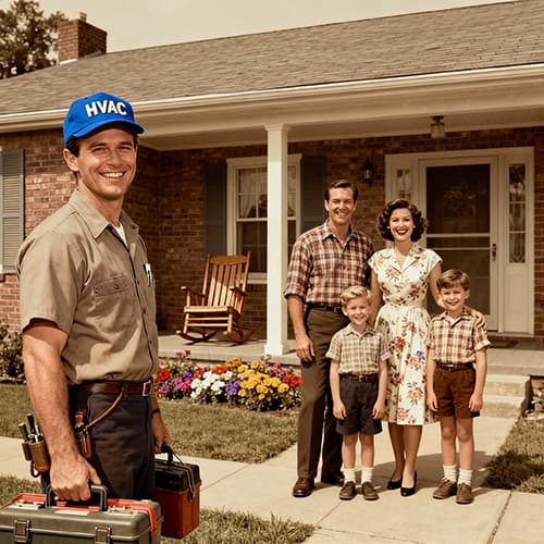 HVAC repair man with a happy family in Knoxville, TN.