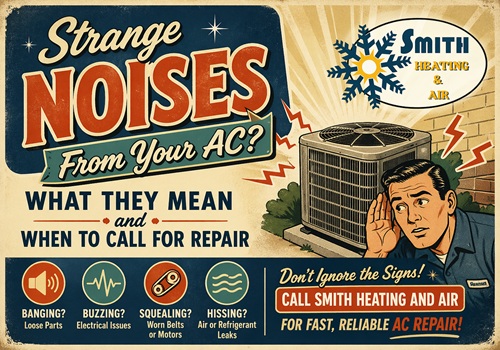 Retro ad for Smith Heating & Air about 'Strange Noises From Your AC?' with a man listening to an outdoor unit and icons for common issues like banging, buzzing, squealing, and hissing.
