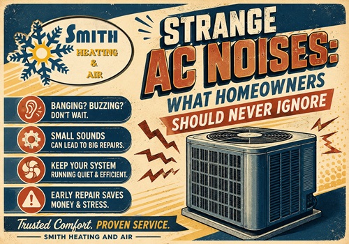 Advertisement poster by Smith Heating & Air warning homeowners about strange AC noises; shows an outdoor air conditioner unit and left-side bullet points: 'Banging? Buzzing? Don’t wait,' 'Small sounds can lead to big repairs,' 'Keep your system running quiet & efficient,' 'Early repair saves money & stress,' plus the 'Trusted Comfort. Proven Service.' slogan.