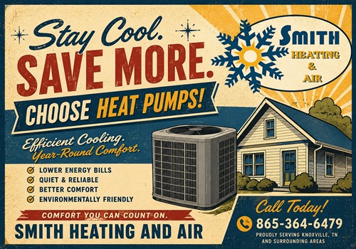 Retro ad for Smith Heating & Air promoting heat pumps, featuring a house with an outdoor condenser and a phone number (865-364-6479).