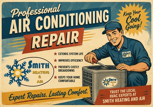 Vintage ad for Smith Heating & Air: 'Air Conditioning Repair' with a smiling technician beside an air conditioner, promoting expert repairs and comfort.