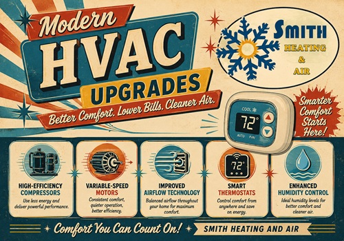 modern HVAC upgrades Retro ad poster for Modern HVAC Upgrades promoting efficiency, comfort, and cleaner air, with a thermostat showing 72°.