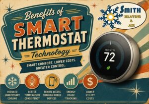 smart thermostat in Knoxville TN - Smith Heating and Air Poster advertising benefits of SMART THERMOSTAT technology, showing a round thermostat reading 72 and icons for reduced cooling, consistency, remote access, energy tracking, and lower utility costs.