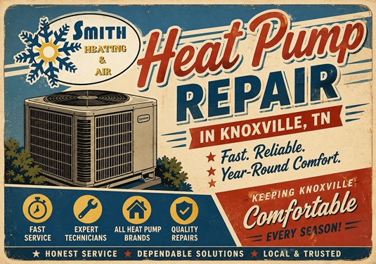 Vintage ad for Smith Heating & Air: Heat Pump Repair in Knoxville, TN, with an outdoor unit illustration and icons for fast service, expert technicians, all heat pump brands, and quality repairs.