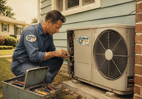 HVAC technician crouching beside an outdoor air conditioner unit, using tools from a toolbox for maintenance at a house.