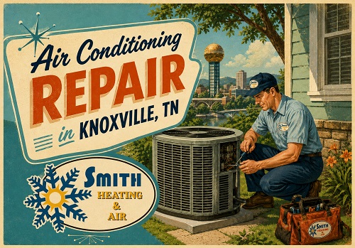 Vintage poster advertising air conditioning repair in Knoxville, Tennessee, with a technician kneeling beside an outdoor unit and the Smith Heating & Air logo.
