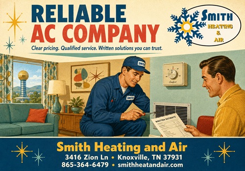 reliable AC company Vintage ad for Reliable AC Company and Smith Heating and Air; a technician in a blue uniform works on a vent while a customer reads a paper in a living room; includes address 3416 Zion Ln, Knoxville, TN 37931 and phone 865-364-6479.