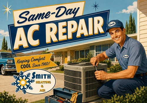 Vintage advertising image: a smiling repairman crouches beside an outdoor HVAC unit in front of a building; bold sign reads 'Same-Day AC Repair' with a secondary banner 'Keeping Comfort COOL Since 1960' and a 'Smith Heating & Air' logo.