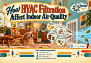 Poster about HVAC filtration and indoor air quality showing a living room with a dog, ornate text, and icons for pollen, dust, pet dander, and allergens.