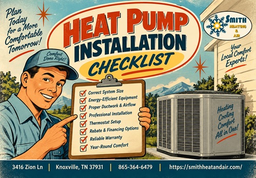 Retro ad: smiling technician points to a clipboard labeled 'Heat Pump Installation Checklist'; Smith Heating & Air logo and contact info appear in the design.