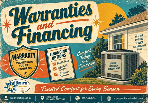 Vintage ad for heating and cooling with bold 'Warranties and Financing' headline and an outdoor unit, emphasizing warranty protection and financing options.