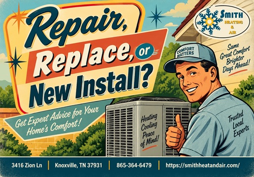 Retro HVAC ad with a smiling technician beside a central air conditioner and the bold question: 'Repair, Replace, or New Install?'