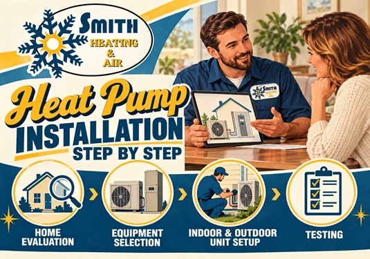 Advertisement for Smith Heating & Air promoting Heat Pump Installation Step by Step; shows four icons for home evaluation, equipment selection, indoor/outdoor unit setup, and testing with a technician and a customer.